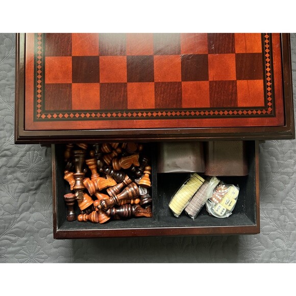The BOMBAY Company Deluxe Game Checkers Backgammon Chess Wooden Box Set 16x16x7 - Picture 3 of 11